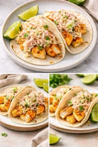 Crispy grilled fish tacos garnished with cabbage slaw on a plate