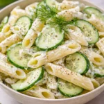 Delicious cucumber pasta salad with fresh vegetables and dressing served in a bowl.