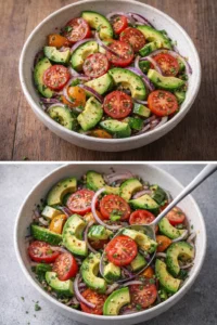 Cucumber tomato avocado salad in a bowl with fresh ingredients