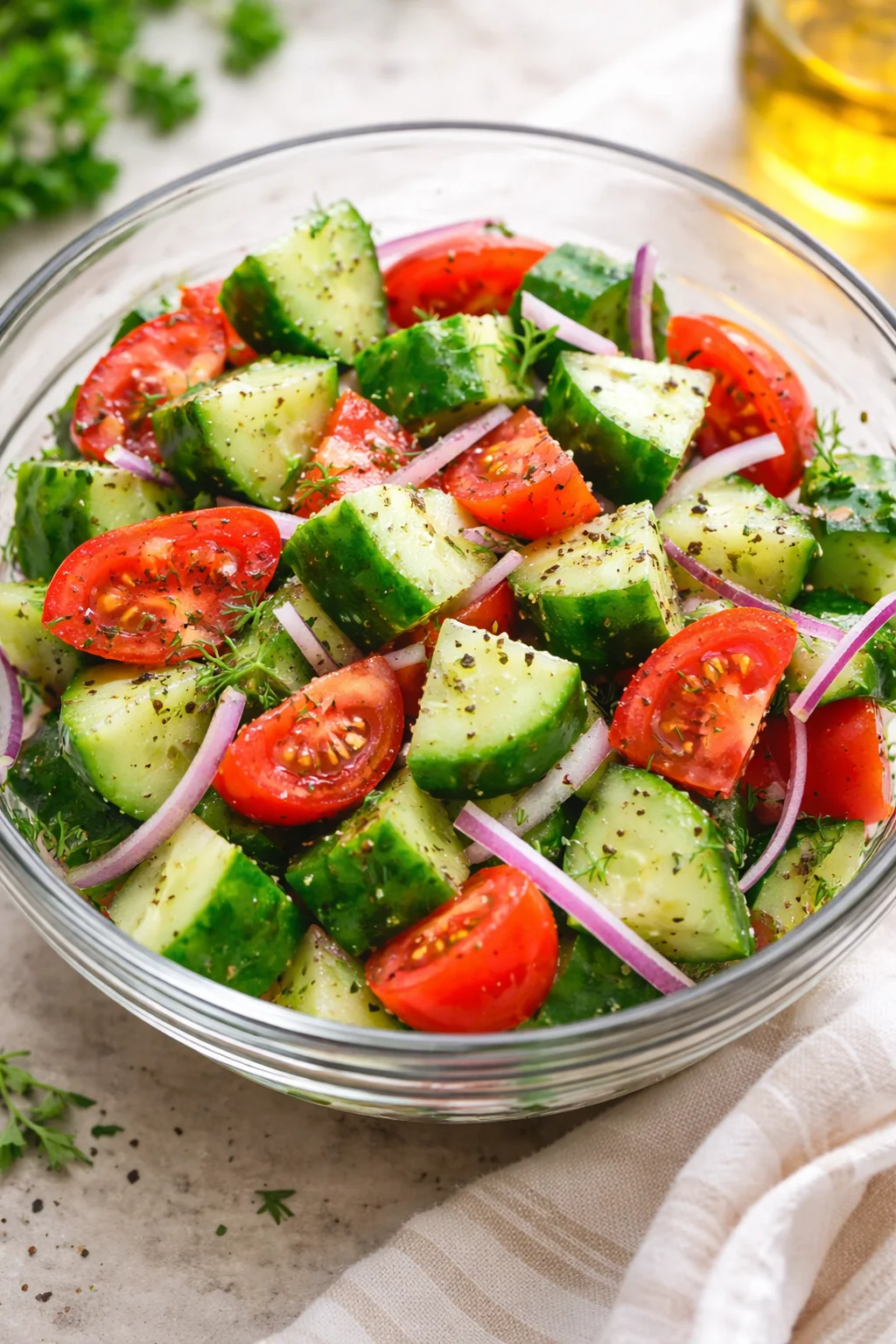 Fresh Cucumber Tomato Salad with herbs and dressing