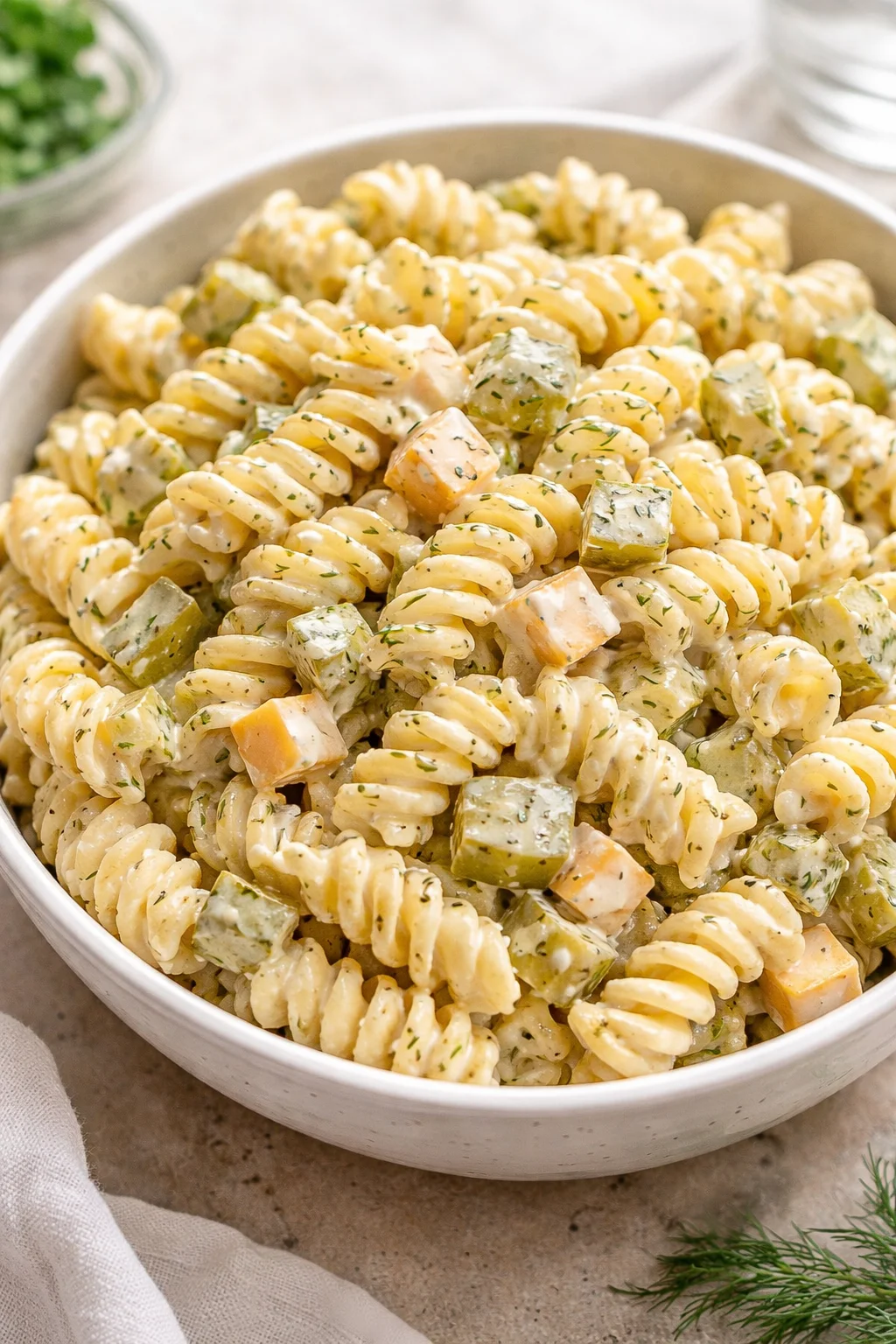 Delicious Dill Pickle Pasta Salad served with fresh ingredients