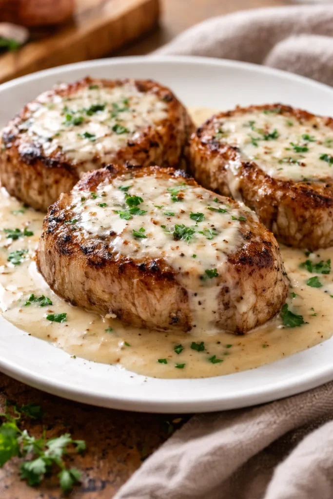 Easy pork chops served in creamy garlic sauce on a plate