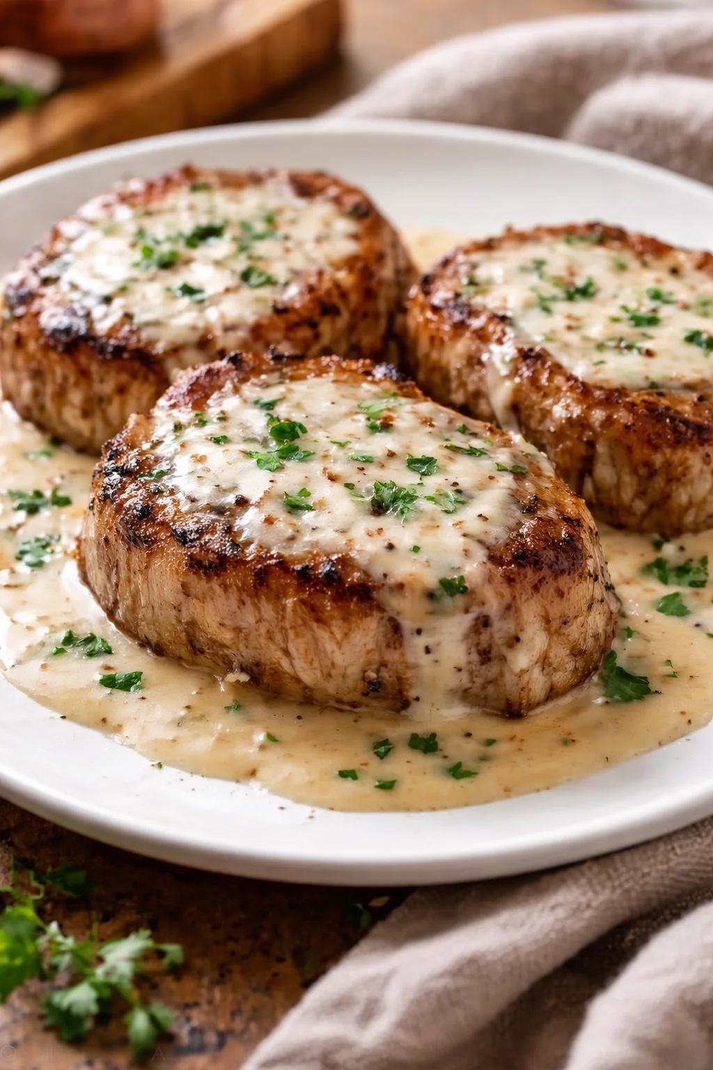 Easy pork chops served in creamy garlic sauce on a plate