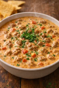 Delicious easy Rotel dip served in a bowl with tortilla chips