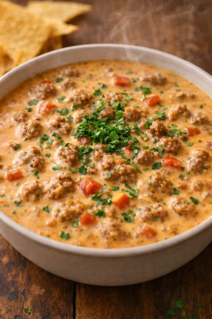 Delicious easy Rotel dip served in a bowl with tortilla chips