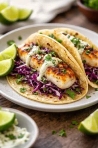 Delicious fish tacos topped with crispy cabbage slaw on a plate.