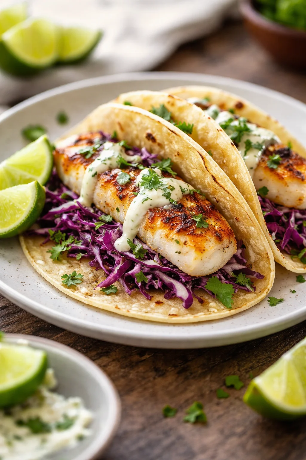 Delicious fish tacos topped with crispy cabbage slaw on a plate.