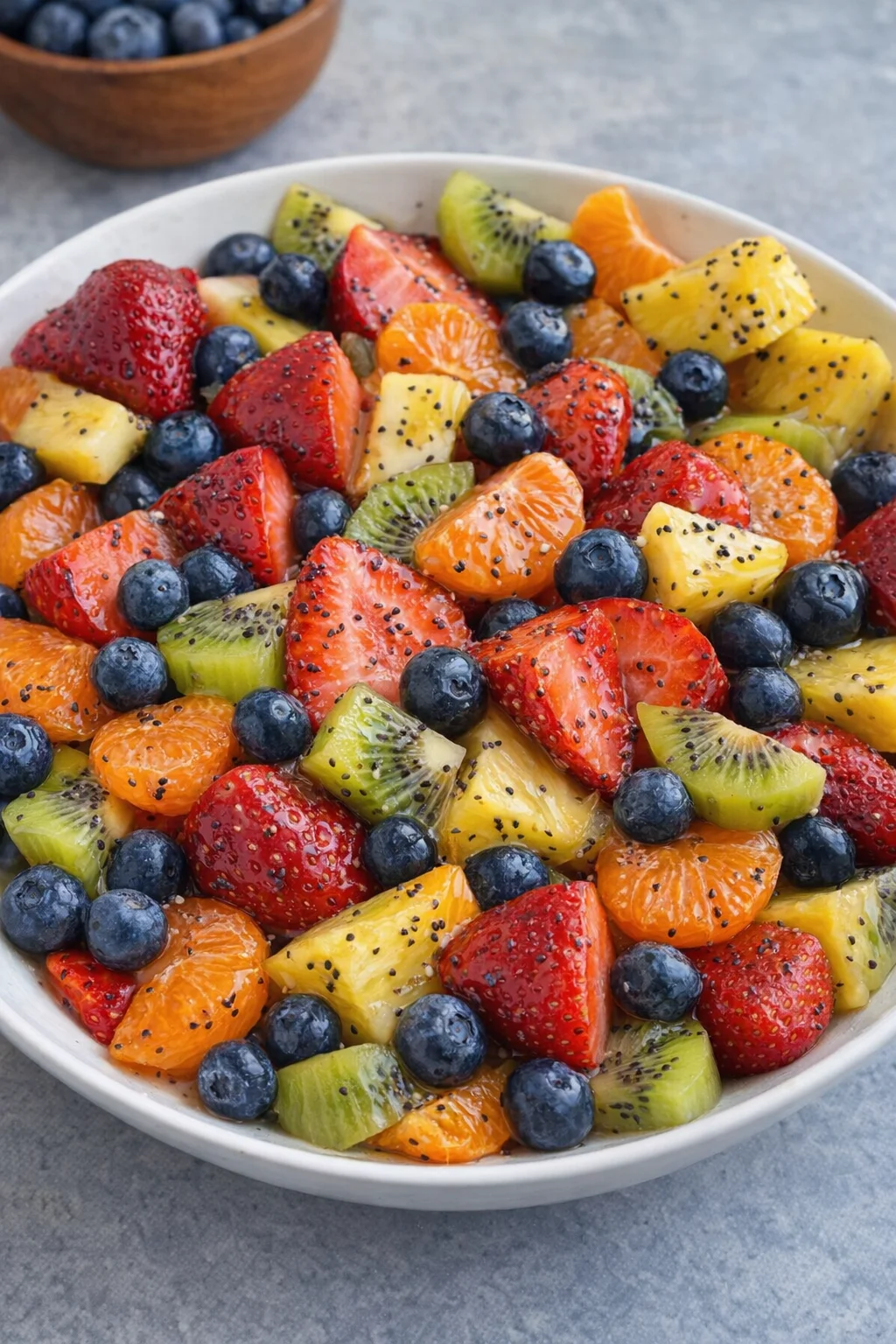 Colorful fresh fruit salad with honey lime poppy seed dressing