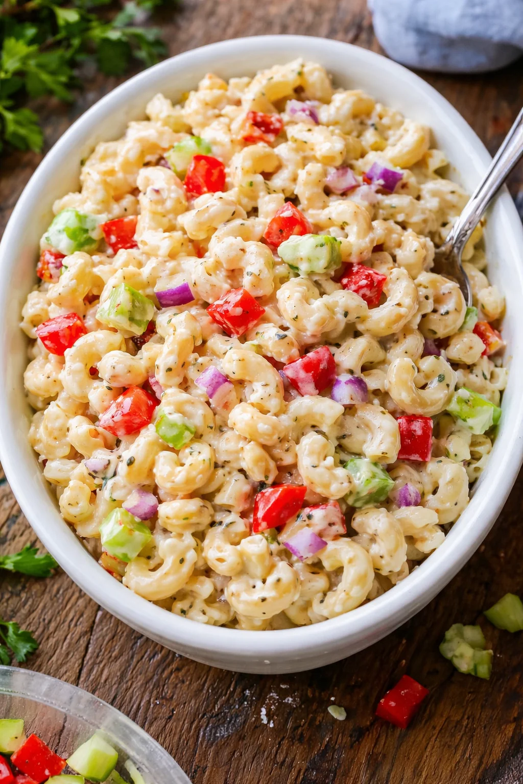 Gordon Ramsay-inspired macaroni salad with fresh ingredients and vibrant colors.