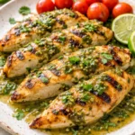 Grilled Salsa Verde Chicken with Pepper Jack cheese garnished with fresh herbs