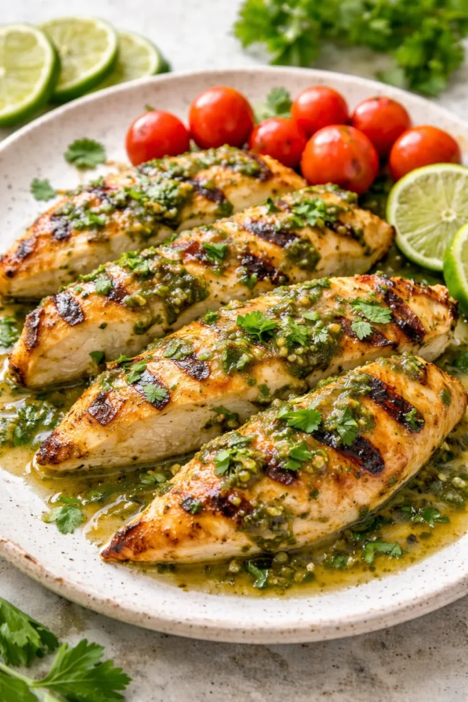Grilled Salsa Verde Chicken with Pepper Jack cheese garnished with fresh herbs