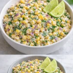 Healthy street corn salad topped with Greek yogurt and fresh herbs