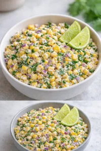 Healthy street corn salad topped with Greek yogurt and fresh herbs