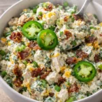 High protein jalapeno popper chicken salad with bacon, cheese and jalapeños