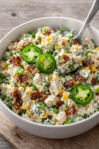 High protein jalapeno popper chicken salad with bacon, cheese and jalapeños