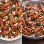 Honey garlic roasted carrots topped with feta cheese, a delicious side dish.