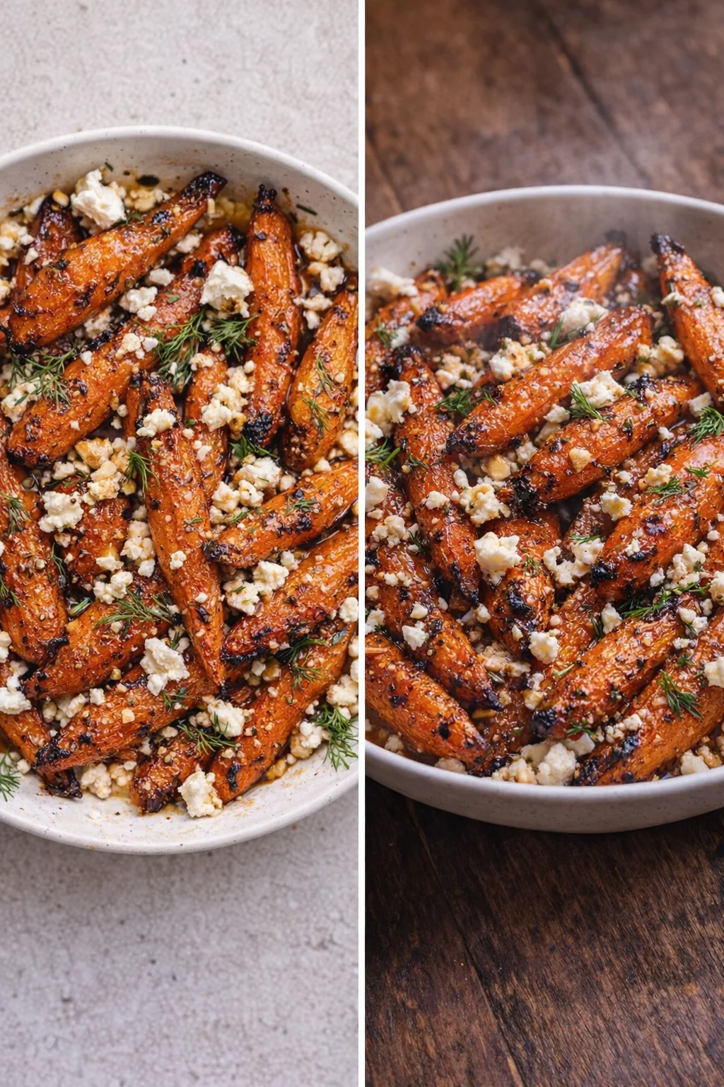 Honey garlic roasted carrots topped with feta cheese, a delicious side dish.