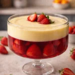 Colorful jelly custard trifle in a glass dessert dish, layered with sponge and fruit.
