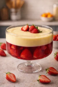 Colorful jelly custard trifle in a glass dessert dish, layered with sponge and fruit.