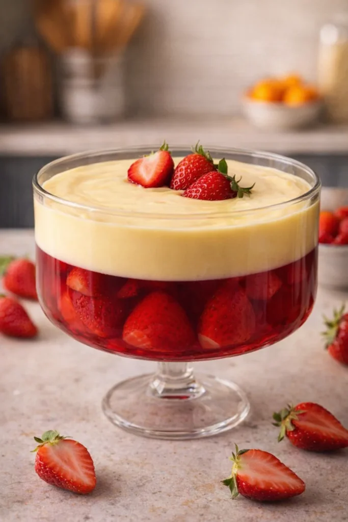 Colorful jelly custard trifle in a glass dessert dish, layered with sponge and fruit.