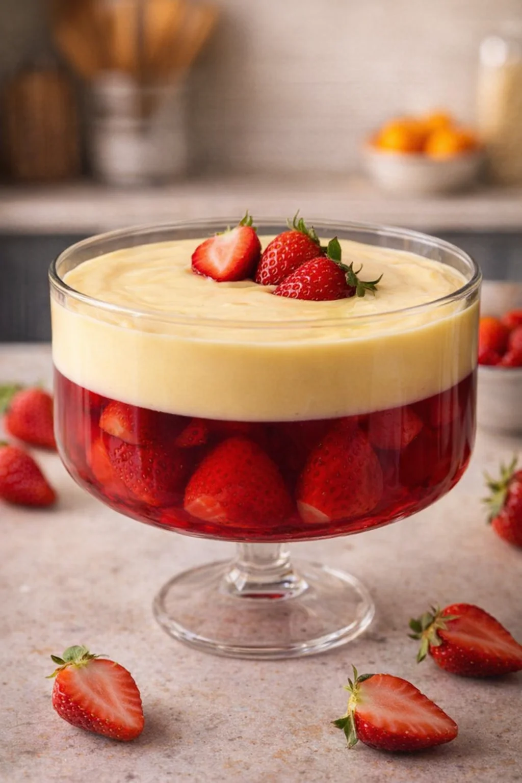 Colorful jelly custard trifle in a glass dessert dish, layered with sponge and fruit.