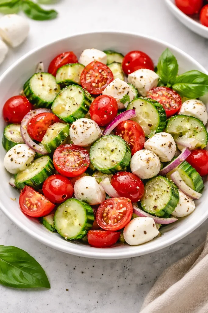 Juicy Cucumber Caprese Salad with fresh ingredients and vibrant colors