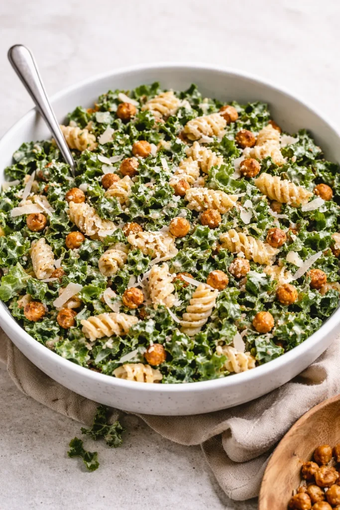 Kale Caesar Pasta Salad with fresh ingredients and dressing.