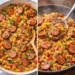 Delicious kielbasa and rice skillet served with colorful vegetables