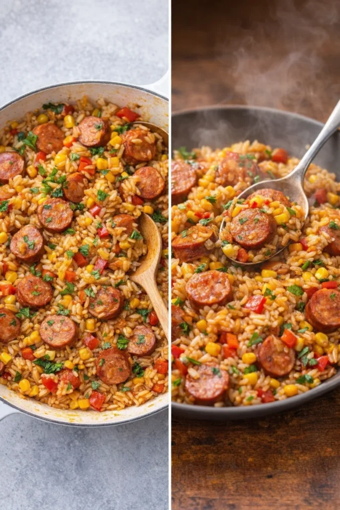 Delicious kielbasa and rice skillet served with colorful vegetables