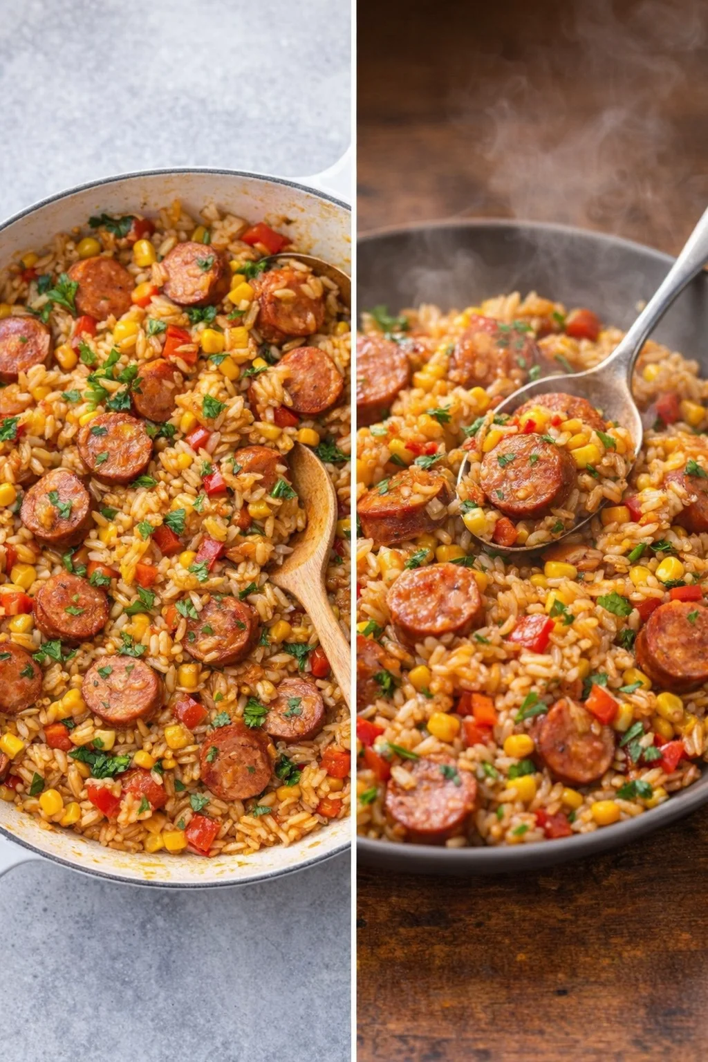 Delicious kielbasa and rice skillet served with colorful vegetables