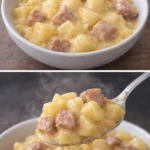 Delicious Kielbasa Sausage Cheesy Potato Casserole served in a baking dish.