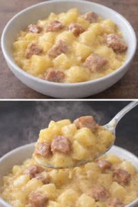 Delicious Kielbasa Sausage Cheesy Potato Casserole served in a baking dish.