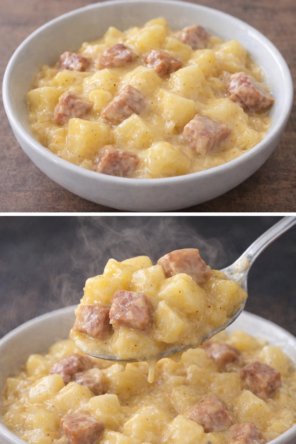 Delicious Kielbasa Sausage Cheesy Potato Casserole served in a baking dish.