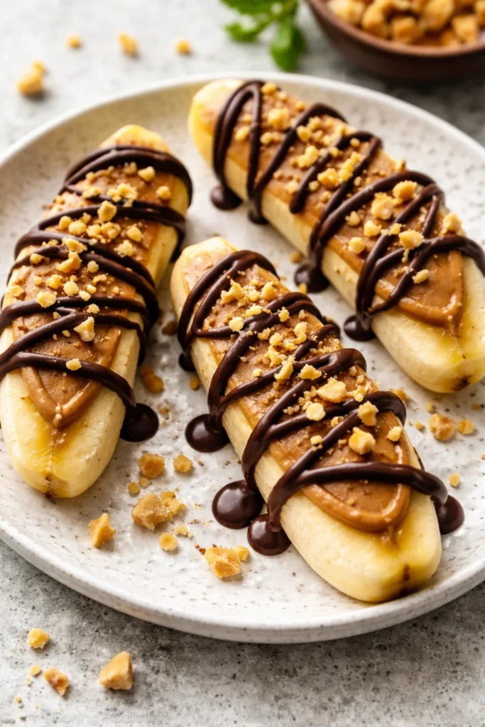 Delicious low calorie frozen banana snickers dessert with nuts and chocolate
