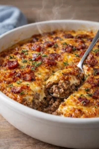 Low-carb bacon cheeseburger casserole served in a baking dish