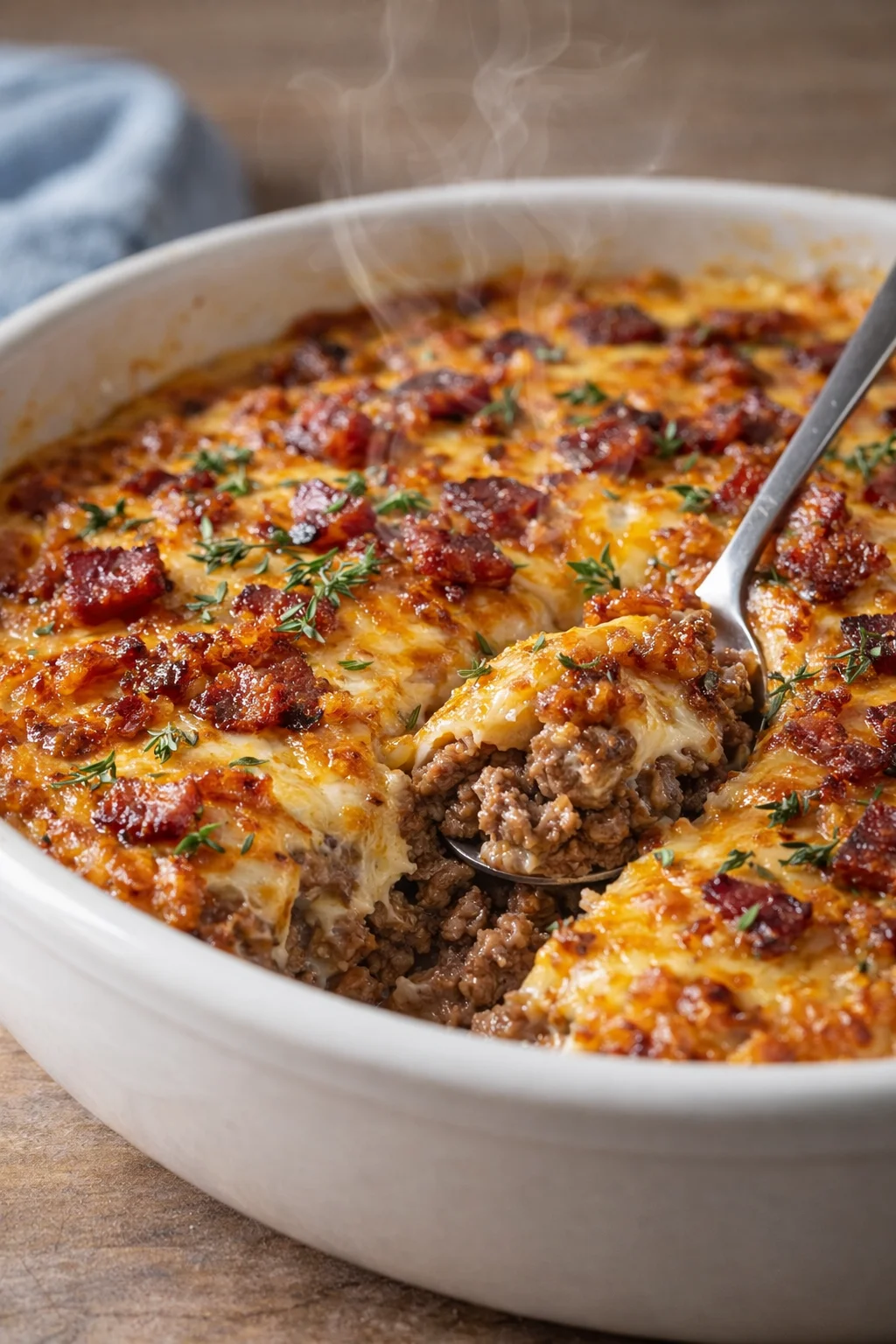 Low-carb bacon cheeseburger casserole served in a baking dish