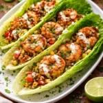 Low carb spicy shrimp tacos topped with fresh veggies and sauce