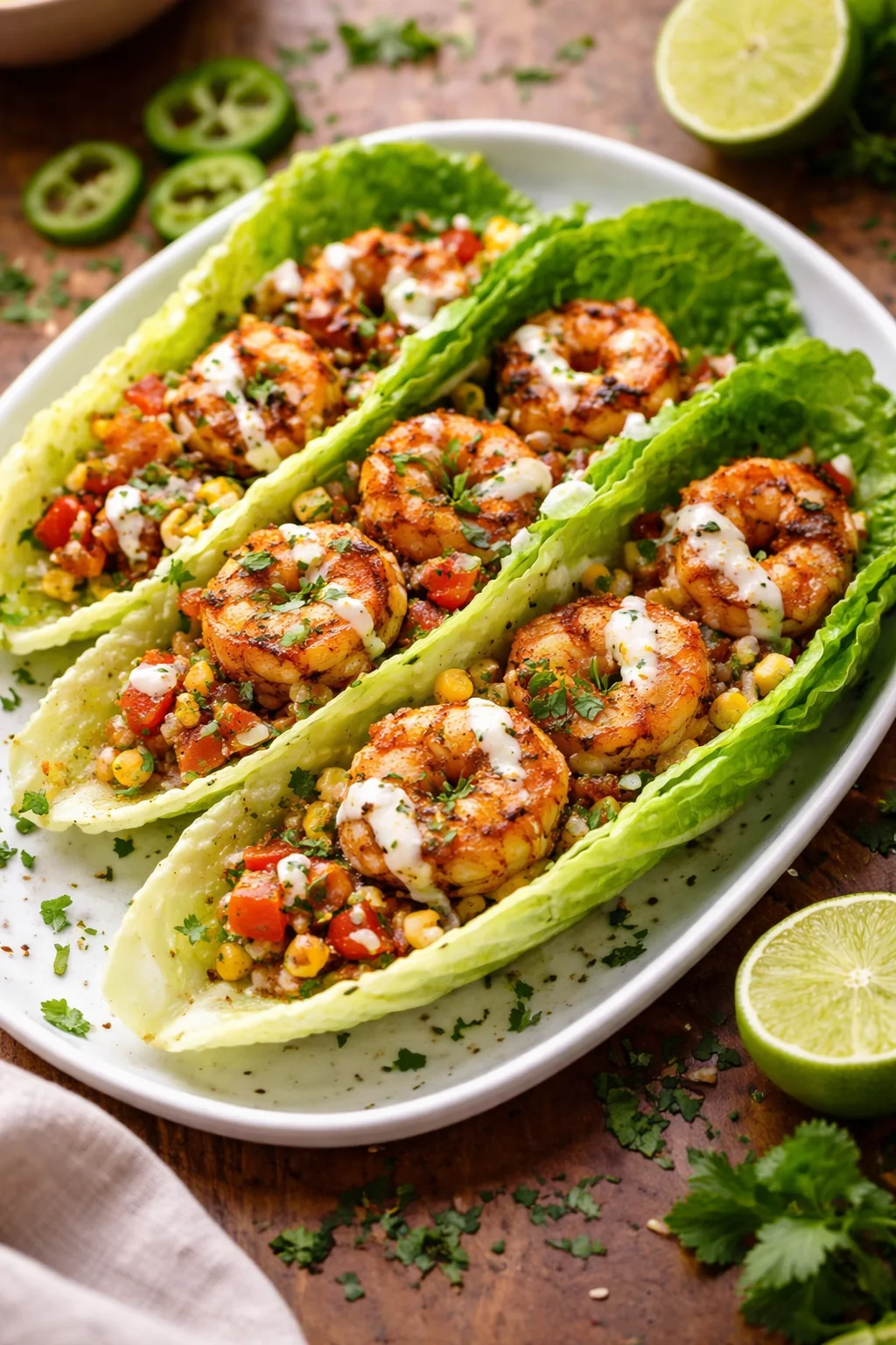 Low carb spicy shrimp tacos topped with fresh veggies and sauce