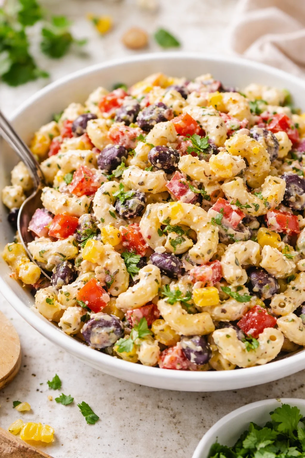 Bowl of colorful Mexican Macaroni Salad garnished with cilantro and lime.