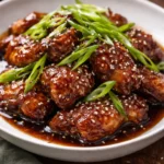 Savory Mongolian Chicken Thighs served with vegetables and garnished.