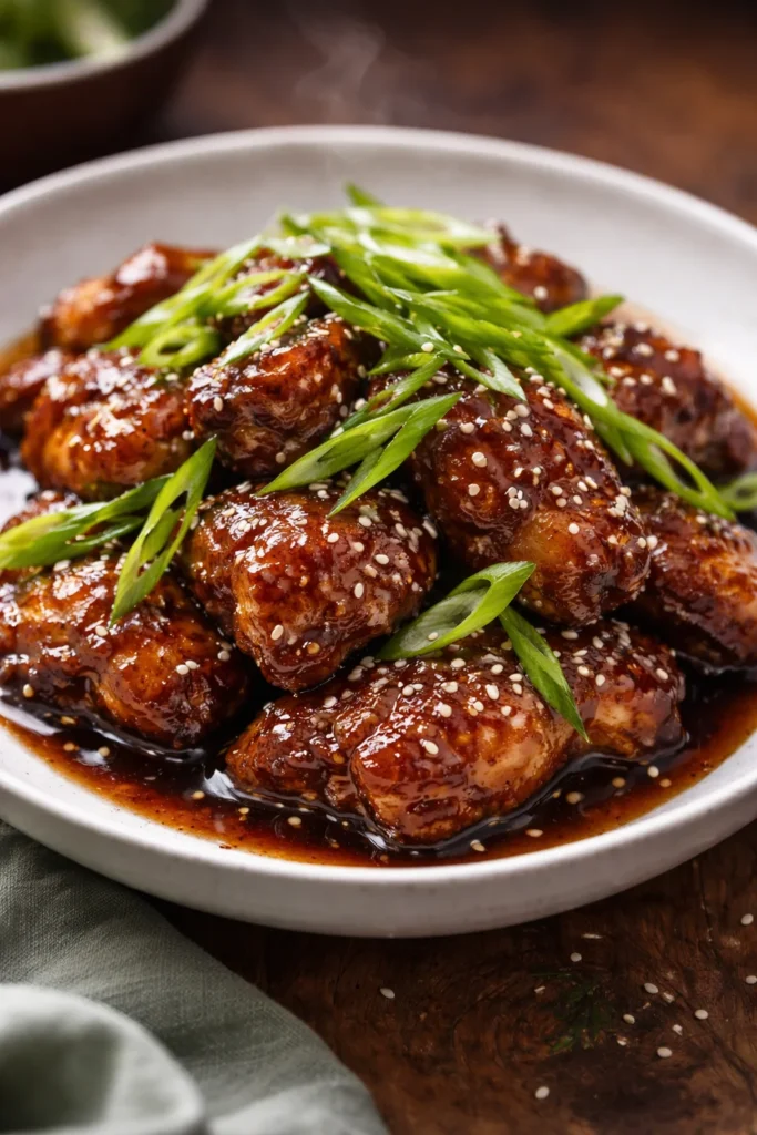 Savory Mongolian Chicken Thighs served with vegetables and garnished.