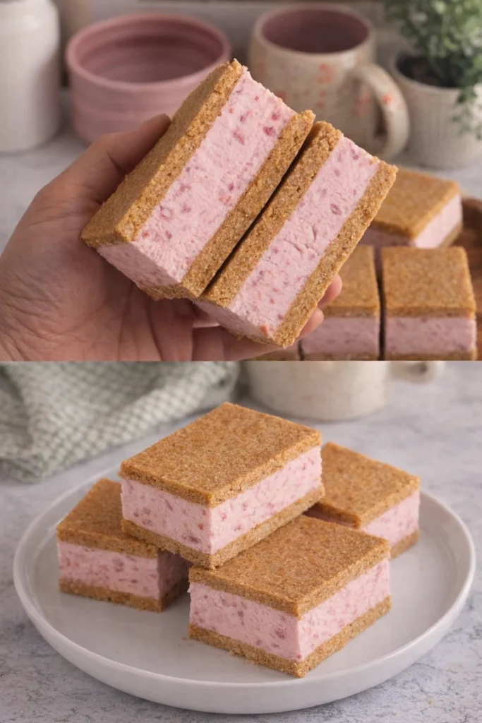 No-churn strawberry ice cream sandwiches on a plate, perfect summer dessert.