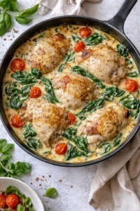 One Pan Tuscan Chicken Thighs with vibrant herbs and vegetables