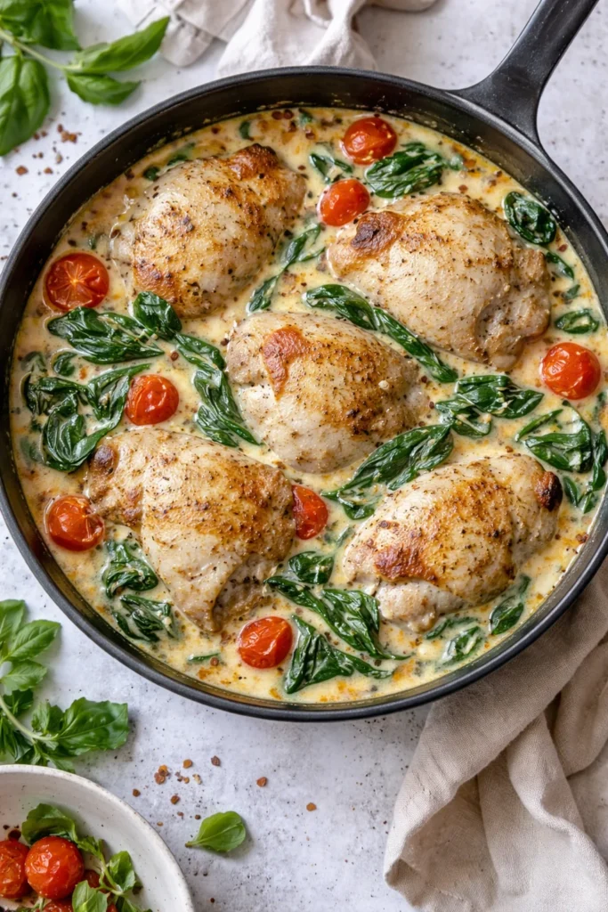 One Pan Tuscan Chicken Thighs with vibrant herbs and vegetables