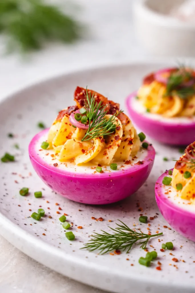 Vibrant pink deviled eggs with a creamy filling, garnished for a festive touch.