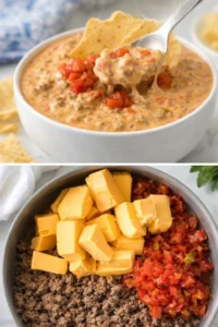 Rotel Dip with Ground Beef served in a bowl with tortilla chips