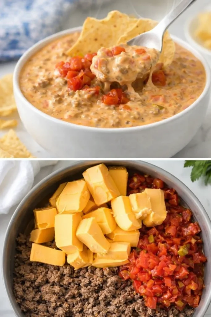 Rotel Dip with Ground Beef served in a bowl with tortilla chips
