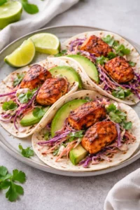 Delicious homemade salmon tacos topped with fresh ingredients and zesty sauces