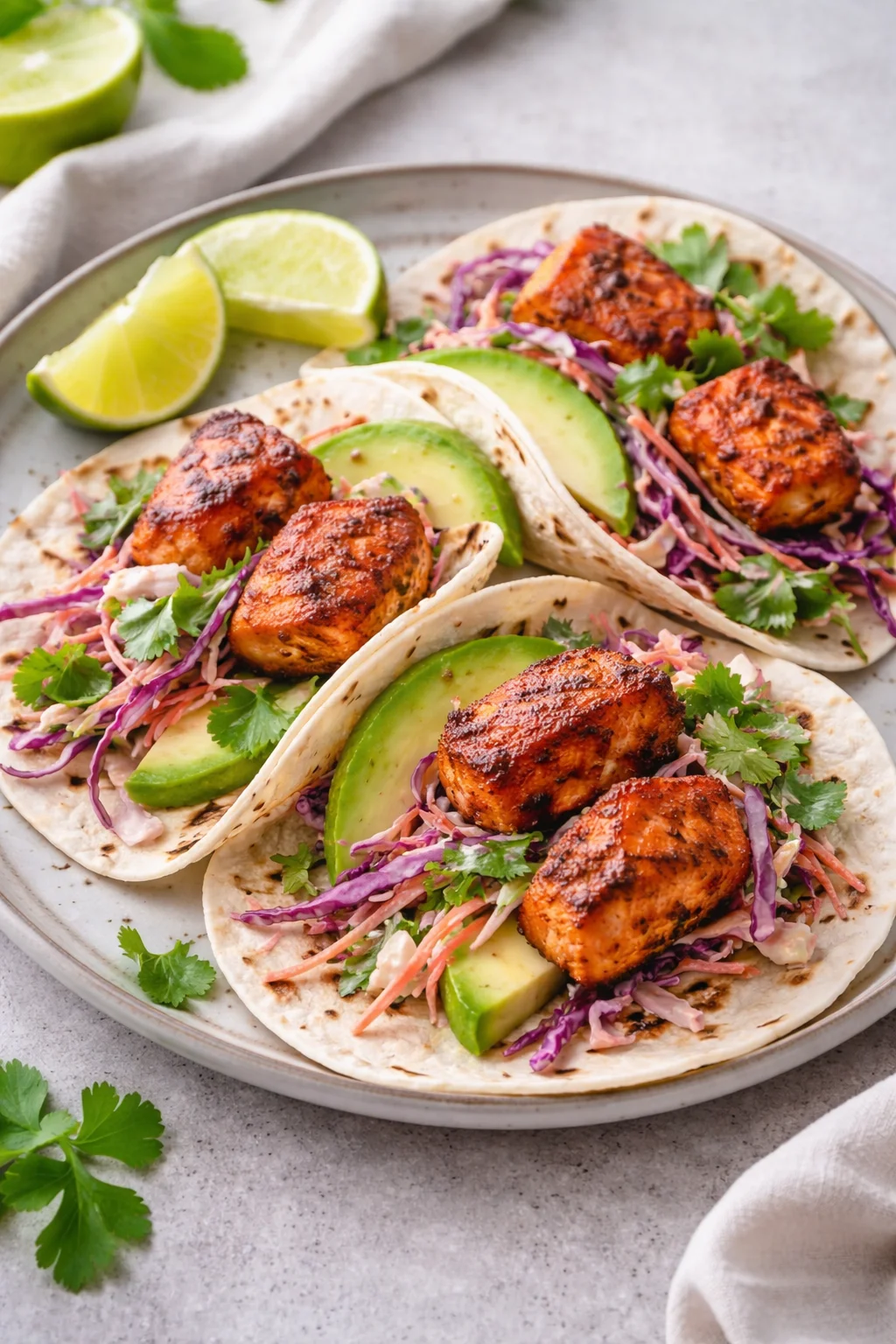 Delicious homemade salmon tacos topped with fresh ingredients and zesty sauces