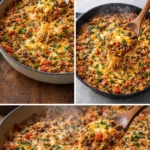 Satisfying ground beef and rice skillet dish garnished with fresh herbs